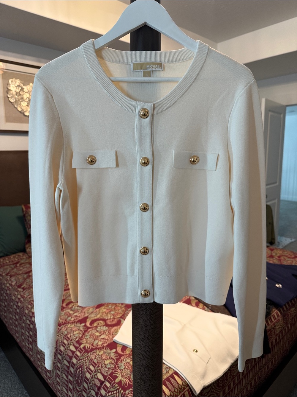 Michael Kors Ivory Button-Front Cardigan with Gold Buttons